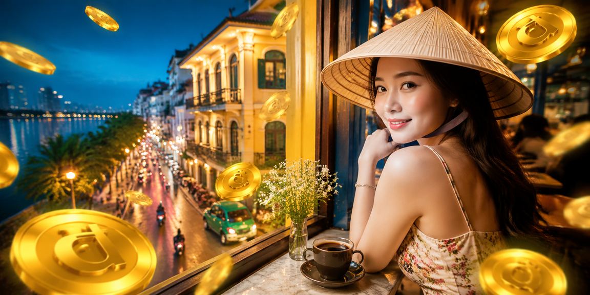 Người phụ nữ đội nón lá tại Hà Nội xem kết quả xổ số và nạp tiền thưởng trực tuyến