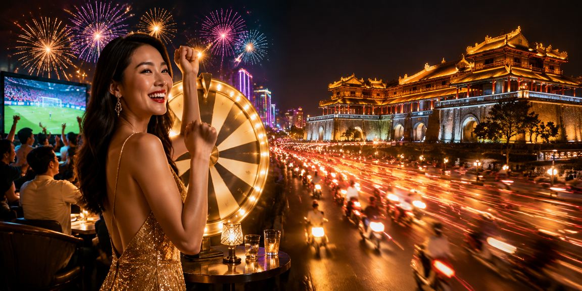 Không khí sôi động tại Huế với ánh đèn neon và hoạt động giải trí trực tuyến